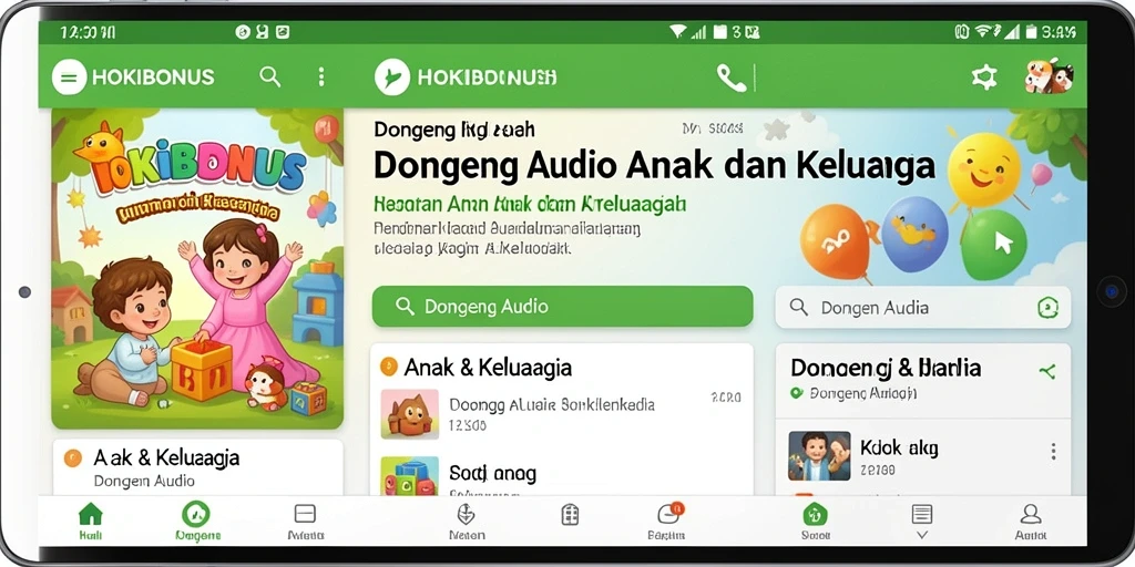 Antarmuka HOKIBONUS yang ramah anak dengan berbagai pilihan dongeng.