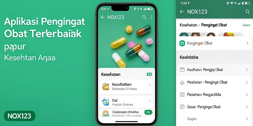 Screenshot aplikasi NOX123 dengan antarmuka Pengingat Obat yang praktis.